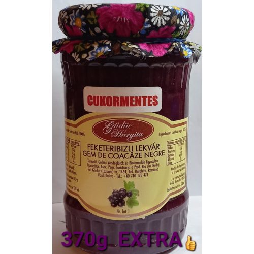 Kézműves Székely cukormentes lekvár - FEKETE RIBIZLI  EXTRA 370 g - 100 % gyümölcs, édesítőszer nélkül, sűrítőanyag nélkül (EGÉSZ SZEMEKKEL))